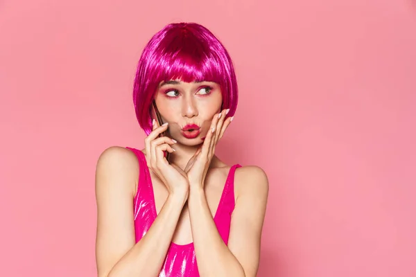 Image Young Beautiful Girl Wearing Wig Talking Cellphone Isolated Pink — Stock Photo, Image