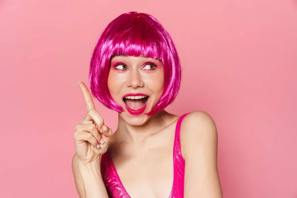 Image Excited Nice Woman Wig Pointing Finger Upward Looking Aside — Stock Photo, Image