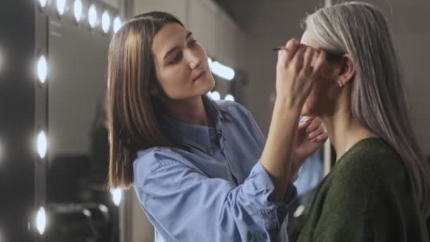 Una Vista Lateral Una Tranquila Joven Maquilladora Está Haciendo Maquillaje — Vídeo de stock