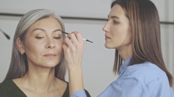 Joven Maquillador Complacido Positivo Está Haciendo Maquillaje Frente Para Una — Vídeos de Stock