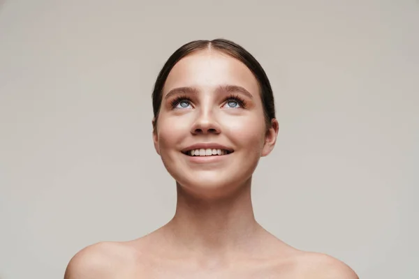 Image Joyful Nice Shirtless Woman Smiling Looking Upward Isolated Grey — Stock Photo, Image