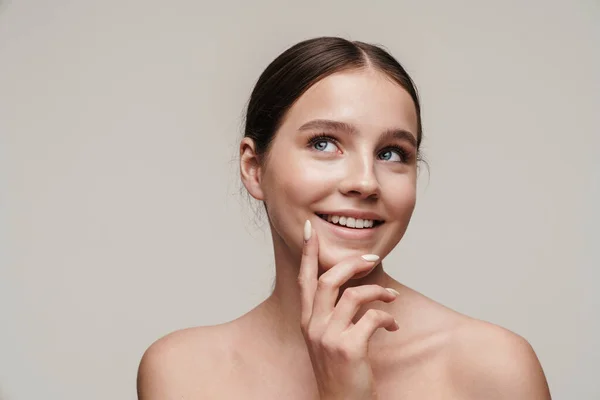 Imagen Mujer Feliz Sin Camisa Sonriendo Mirando Hacia Arriba Aislado — Foto de Stock