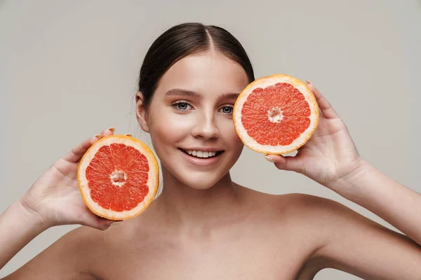Image Cheerful Nice Shirtless Woman Smiling While Posing Grapefruit Isolated — Stock Photo, Image