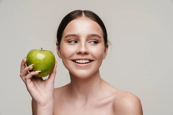 Imagen Una Hermosa Mujer Sin Camisa Que Posa Con Manzana — Foto de Stock