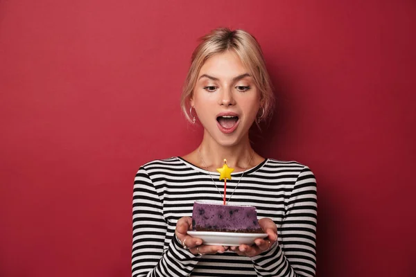 Image Nice Delighted Woman Striped Sweatshirt Holding Cake Candle Isolated — Stock Photo, Image