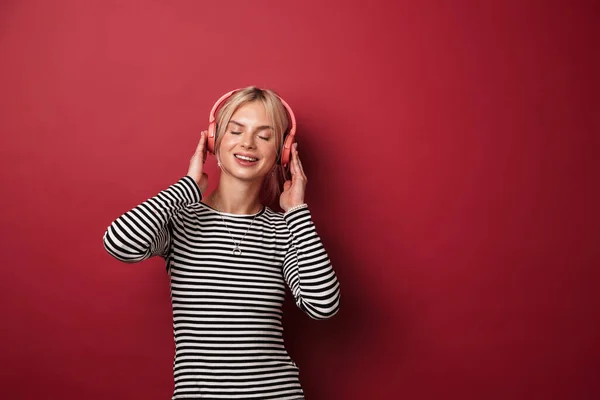 Image Nice Smiling Woman Headphones Listening Music Dancing Isolated Red — Stock Photo, Image