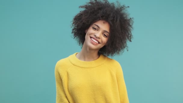 Una Joven Afroamericana Sonriente Con Pelo Rizado Posa Ante Cámara — Vídeos de Stock