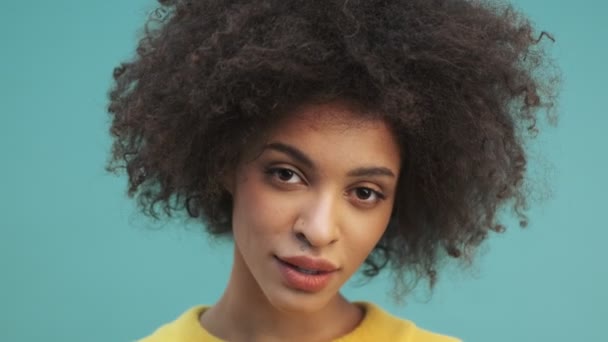 在工作室里 一个有着卷发的年轻的非洲美女的特写站在蓝色墙壁的背景上 — 图库视频影像