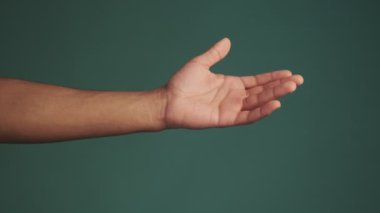 Genç Afro-Amerikan 'ın elinin yakın plan görüntüsü stüdyonun yeşil duvar arka planında izole edilmiş parmakları sayıyor ve büküyor.