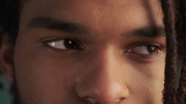 Close Cropped View Young African American Man Eyes Looking Side — Stock Video