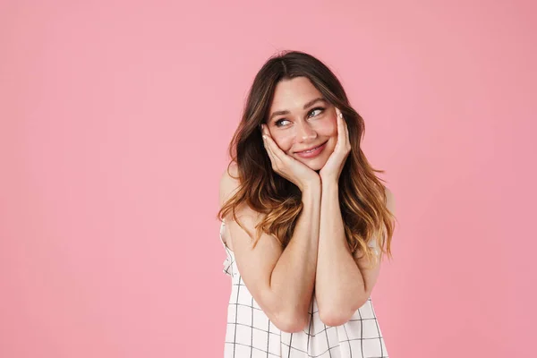 Imagem Mulher Bonita Feliz Sorrindo Olhando Para Lado Isolado Sobre — Fotografia de Stock