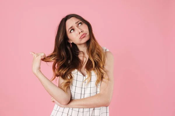 Imagen Mujer Hermosa Infeliz Posando Mirando Hacia Arriba Aislado Sobre — Foto de Stock