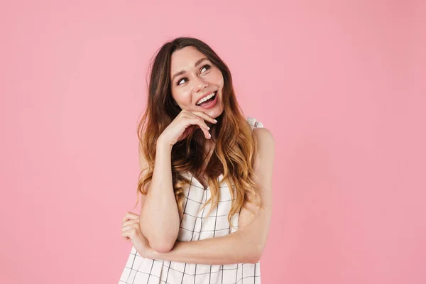 Image Happy Beautiful Woman Smiling Looking Upward Isolated Pink Background — Stock Photo, Image