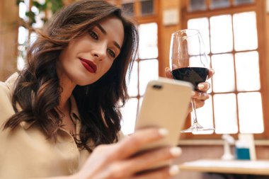 Mutlu yetişkin kadın görüntüsü kırmızı şarap içiyor ve kapalı bir kafede otururken cep telefonu kullanıyor.