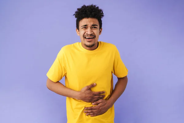 Photo Unhappy African American Man Stomachache Touching His Belly Isolated — Stock Photo, Image