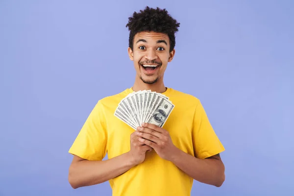 Photo Excited African American Man Smiling Holding Dollars Isolated Purple — Stock Photo, Image