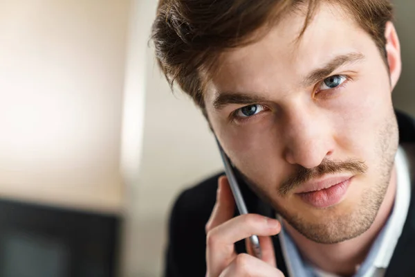 Photo Closeup Caucasian Brutal Businessman Mustache Talking Cellphone Indoor — Stock Photo, Image