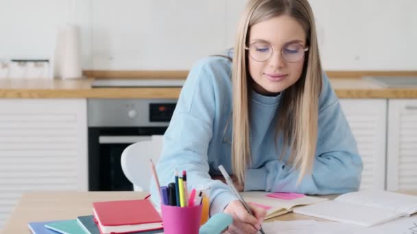 Lovely Young Woman Wearing Glasses Working Kitchen Home — Stock Video