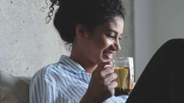 Happy Glad Young African Woman Drinking Tea Sitting Sofa Home — Stock Video