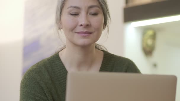 Sorrindo Atraente Mulher Madura Com Cabelos Longos Cinza Desligando Computador — Vídeo de Stock