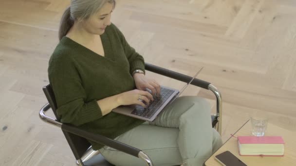 Vista Lateral Mulher Madura Atraente Sorridente Com Cabelos Grisalhos Longos — Vídeo de Stock