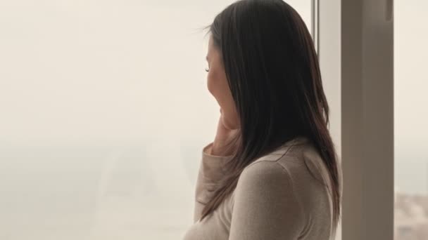 Visszapillantás Egy Fiatal Terhes Ázsiai Nőre Aki Hasát Veregeti Miközben — Stock videók