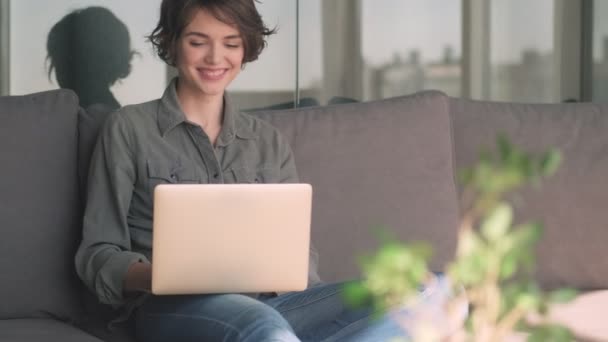 Jovem Mulher Bonita Alegre Usando Computador Portátil Enquanto Sentado Sofá — Vídeo de Stock