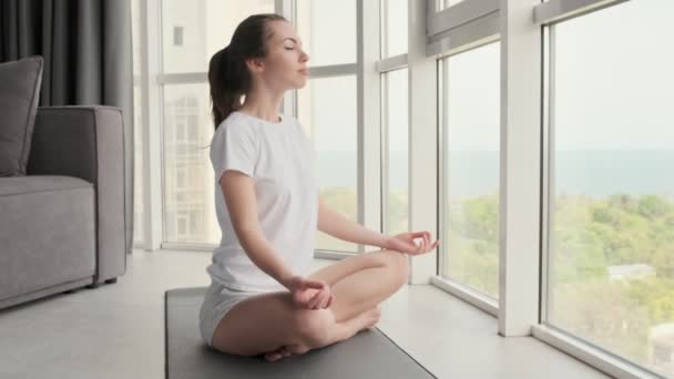 Side View Carefree Attractive Brunette Woman Meditating Closed Eyes Floor — Stock Video