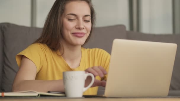 一位快乐的女士正坐在餐桌前 一边喝着杯子里的东西 一边用她的笔记本电脑 — 图库视频影像
