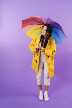 Mor duvarın arkasında elinde şemsiyeyle yalnız poz veren, sarı yağmurluk giymiş, neşeli, hoş esmer bir kadın resmi..