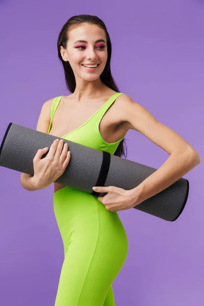 Foto Van Sportieve Gelukkige Vrouw Met Heldere Make Houden Yoga — Stockfoto