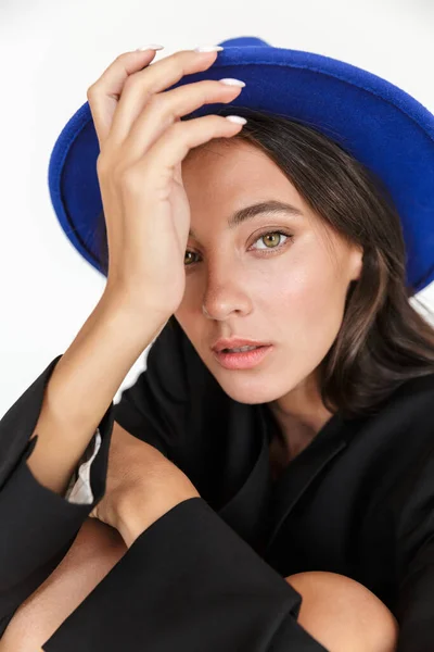 Image Pretty Serious Woman Blue Hat Posing Isolated White Wall — Stock Photo, Image