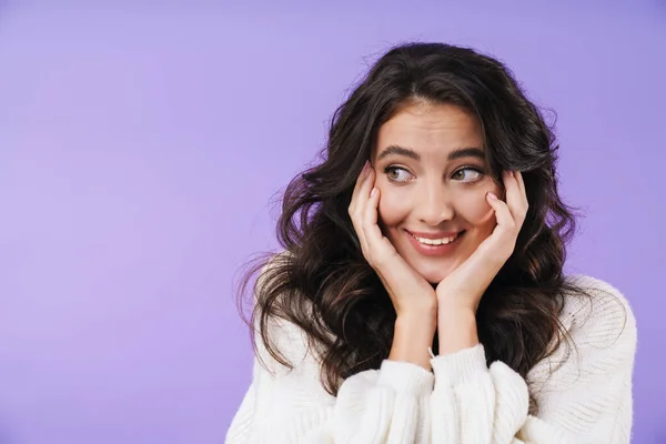 Image Cheerful Happy Young Brunette Woman Posing Isolated Purple Wall — Stock Photo, Image