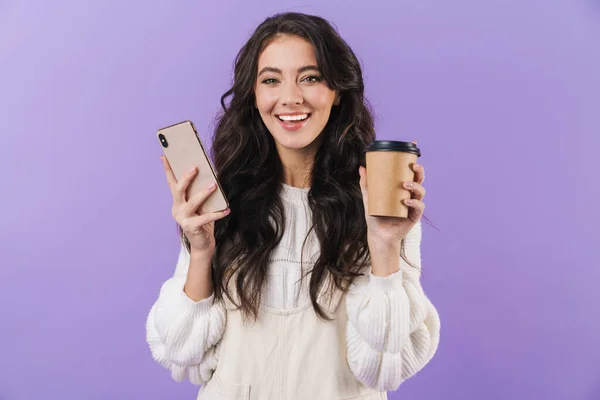 Imagem Positiva Feliz Otimista Bonito Jovem Morena Posando Isolado Sobre — Fotografia de Stock