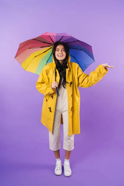 Photo of cheery optimistic cute brunette woman in yellow raincoat posing isolated over purple wall background holding umbrella.