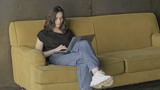 Sırıtan Esmer Bir Kadın Dizüstü Bilgisayar Kullanıyor Kanepede Otururken Gözlerini — Stok video
