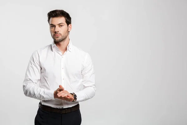 Image Young Caucasian Businessman Wristwatch Posing Looking Aside Isolated White — Stock Photo, Image
