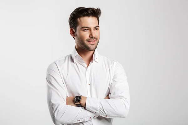 Imagen Joven Hombre Negocios Feliz Posando Sonriendo Aislado Sobre Fondo —  Fotos de Stock