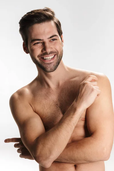 Photo Joyful Half Naked Man Smiling Looking Aside Isolated White — Stock Photo, Image