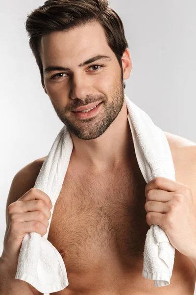 Photo Happy Half Naked Man Posing Towel Smiling Isolated White — Stock Photo, Image