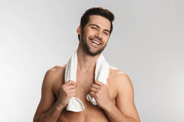Photo Joyful Half Naked Man Posing Towel Laughing Isolated White — Stock Photo, Image