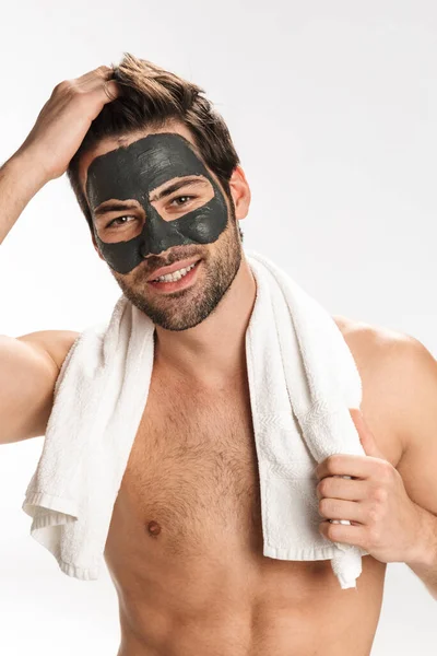 Photo Happy Half Naked Man Cosmetic Clay Mask His Face — Stock Photo, Image