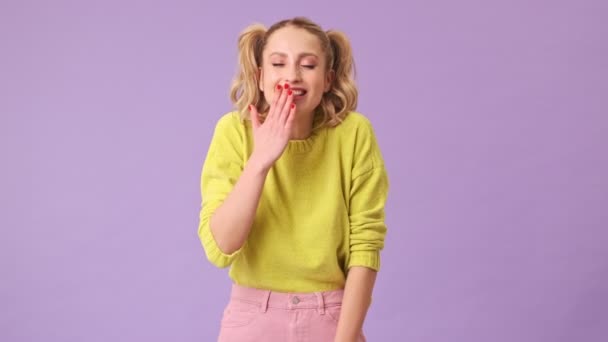 Charming Blond Girl Shyly Laughs Funny Joke Isolated Studio Purple — Stock Video