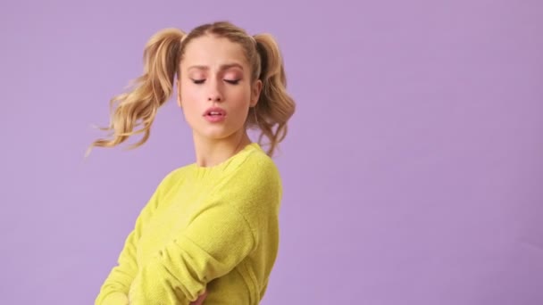 Cute Blonde Yellow Sweater Unhappy Upset Behavior Someone Sadly Turned — Stock Video