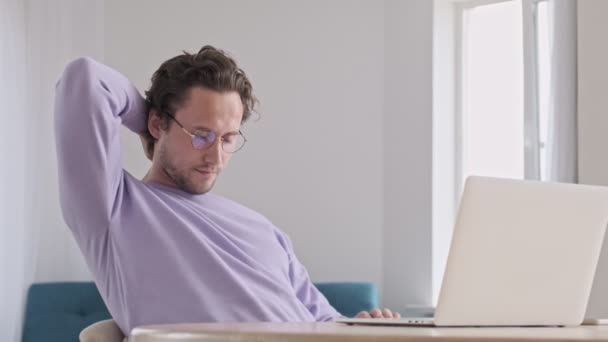 Tired Handsome Man Eyeglasses Having Break While Sitting Laptop Computer — Stock Video