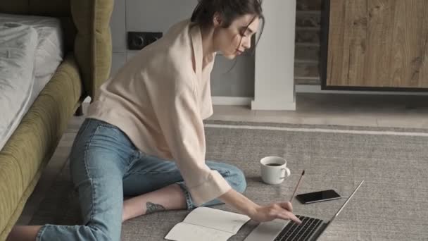 Evde Dizüstü Bilgisayar Kullanan Mutlu Genç Bir Kadın — Stok video