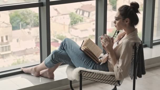 年轻而专心致志的女人坐在家里 一边喝咖啡 一边在大窗边看书 — 图库视频影像
