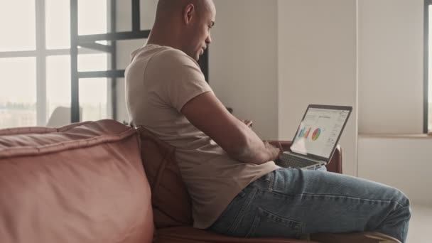 Gondolkodás Összpontosított Afro Amerikai Férfi Dolgozik Laptop Figyeli Diagramok Kanapén — Stock videók