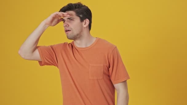 Hombre Guapo Concentrado Usando Una Camiseta Mirando Alrededor Con Mano — Vídeos de Stock