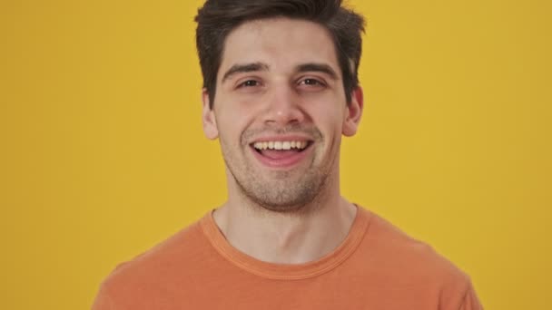 Close View Happy Handsome Man Wearing Shirt Laughing Looking Camera — Stock Video